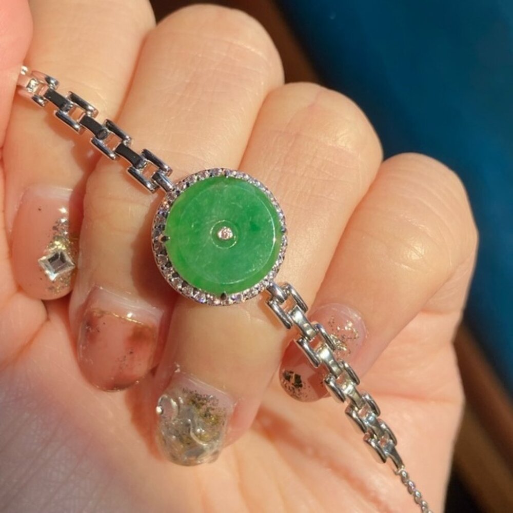 Untreated Natural Jadeite Jade Circle Donut Bracelet Full Green Icy 925 Silver